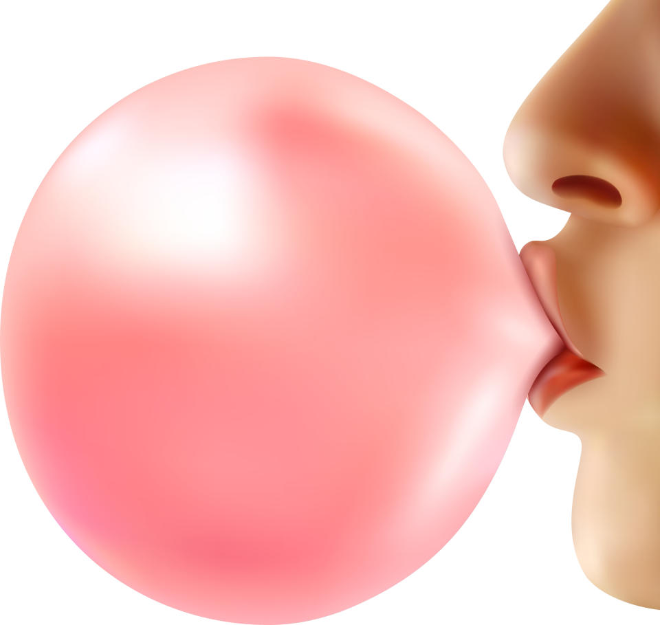 Female lips holding shiny pink bubble from chewing gum 3d design on white background realistic vector illustration