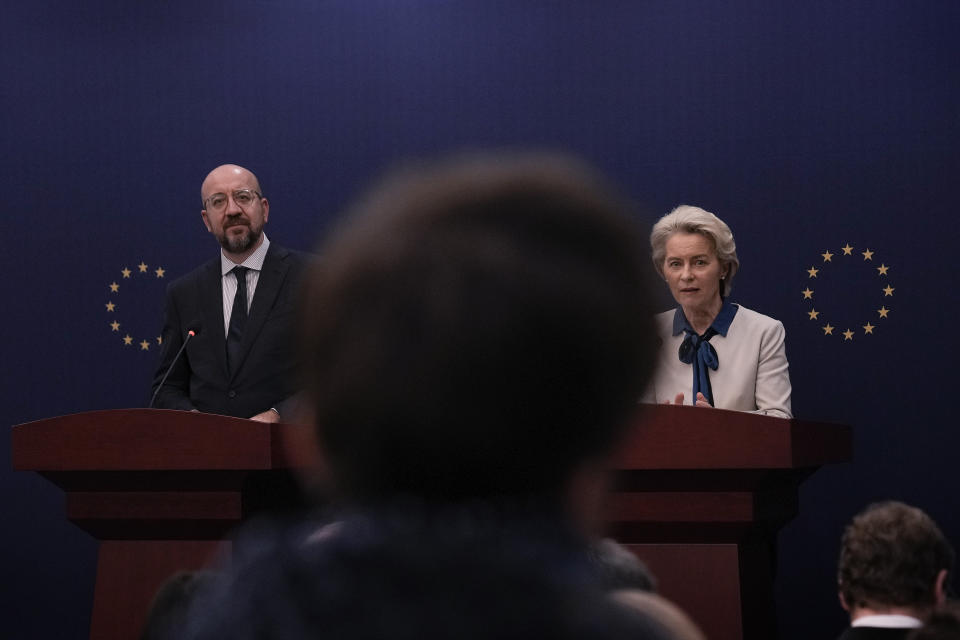 European Commission President Ursula von der Leyen, right, and European Council President Charles Michel listen to a question from a reporter during a press conference at the European Union Delegation to China compound after meeting with Chinese President Xi Jinping and Premier Li Qiang in Beijing, Thursday, Dec. 7, 2023. (AP Photo/Andy Wong)