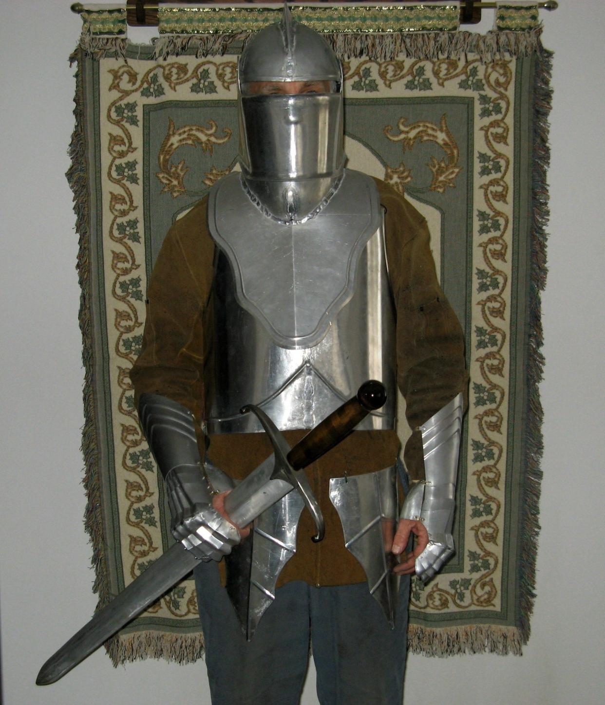 Local metal artist Greg Koesel made this suit of armor several years ago for a Mardi Gras parade. He studied how medieval suits were made by visiting museums. Koesel will show the suit Tuesday at the United Way building.