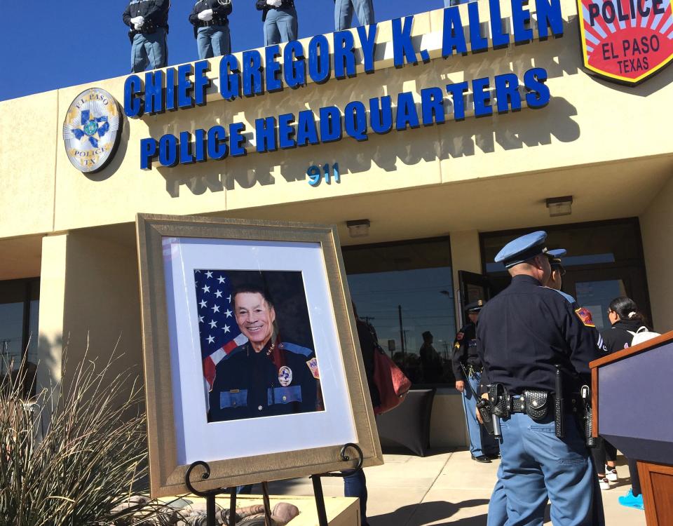 A new sign was unveiled Sunday at a naming ceremony of the El Paso Police Department Chief Gregory K. Allen Police Headquarters at 911 N. Raynor St. on what would have been Allen's 73rd birthday.