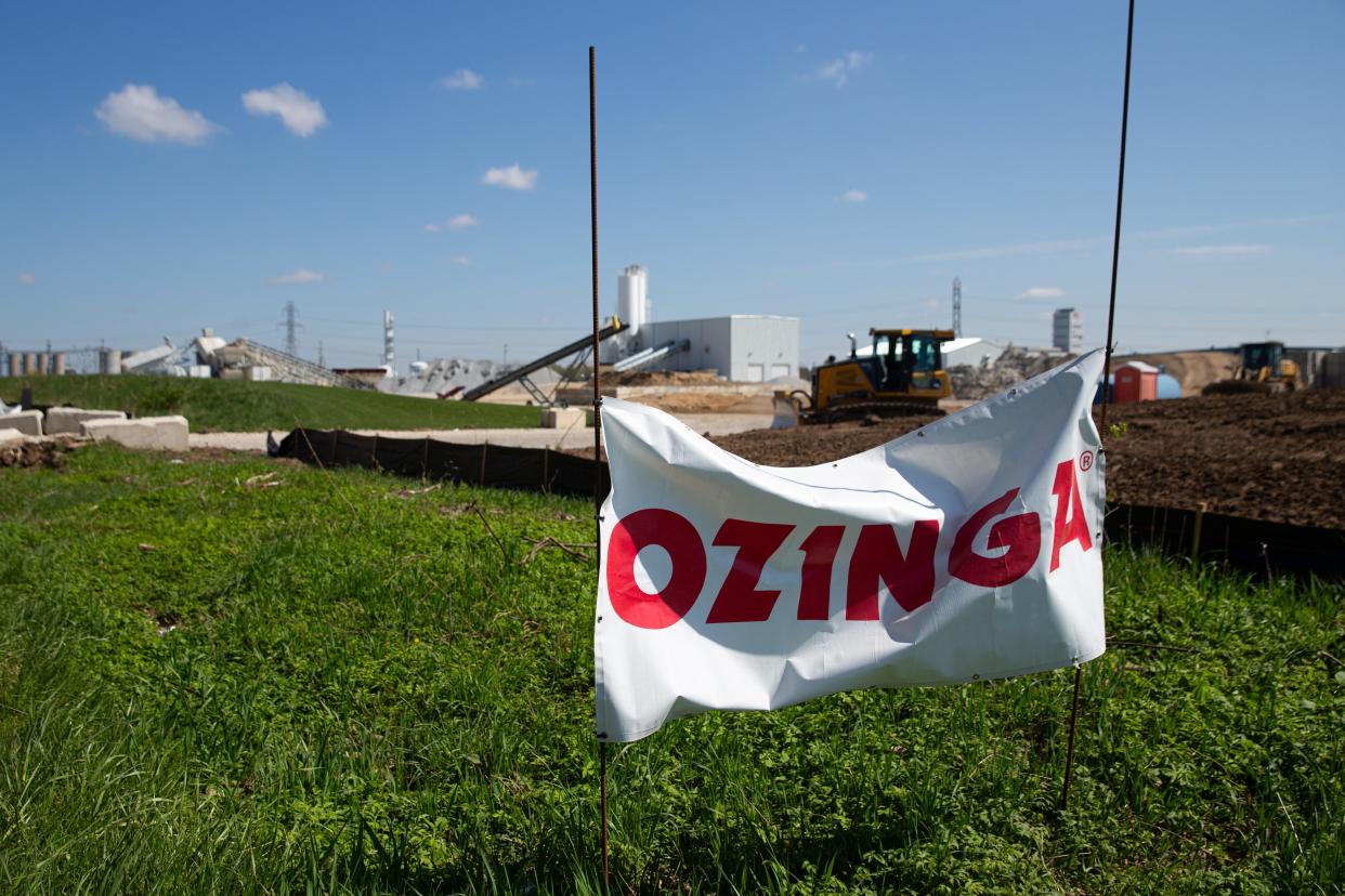 A sign for concrete company Ozinga is posted near the Smith Ready Mix concrete plant on Walnut Road on April 25, 2024, near New Carlisle.