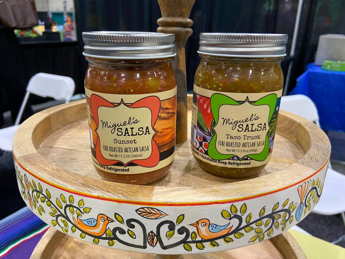 Miguel’s Salsa shared a booth with several other food producers operating out of the Clovis Culinary Center at the MADE Central California food show Thursday. Bethany Clough/bclough@fresnobee.com