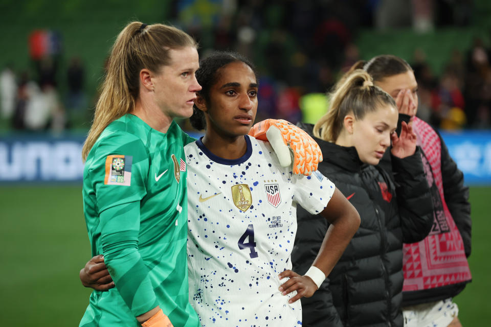 Alyssa Naeher and Naomi Girma of USA show dejection after the team's defeat through the penalty shootout in the FIFA Women's World Cup Australia & New Zealand 2023 Round of 16 match between Sweden and USA at Melbourne Rectangular Stadium on August 06, 202 (Alex Grimm - FIFA / FIFA via Getty Images)