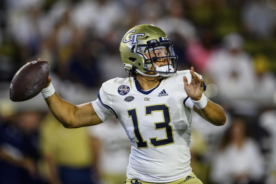 Georgia Tech quarterback Jordan Yates (13) throws during the first half of an NCAA college football game against Northern Illinois, Saturday, Sept. 4, 2021, in Atlanta. (AP Photo/Danny Karnik)