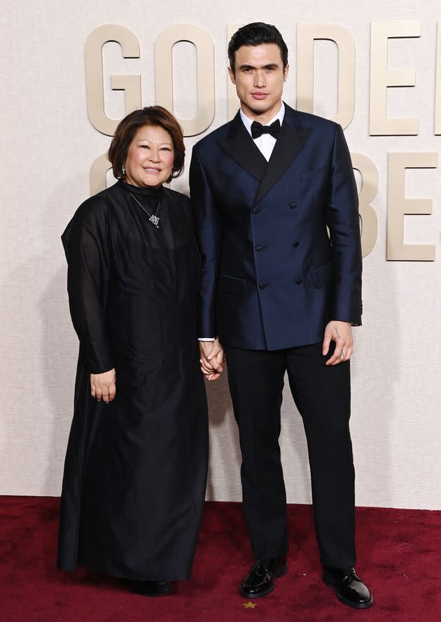 Charles Melton brought his mother, Sukyong Melton, to the 81st Annual Golden Globe Awards on Sunday.