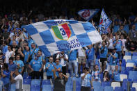 Napoli's fans wait for the start of the Serie A soccer match between Napoli and Sampdoria at the Diego Maradona Stadium, in Naples, Sunday, June 4, 2023. (AP Photo/Andrew Medichini)