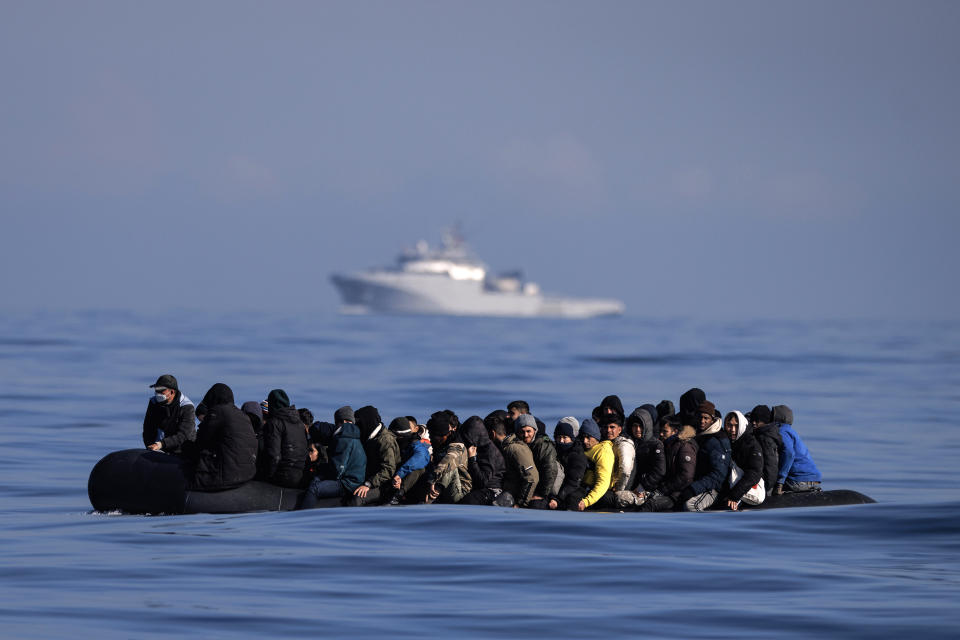 ENGLISH CHANNEL - MARCH 06: An inflatable dinghy carrying around 65 migrants crosses the English Channel on March 06, 2024 in the English Channel. According to official figures 401 migrants arrived in the UK by small boat on Monday, the busiest day of the year so far for Channel crossings. This brings the provisional total number of UK arrivals so far this year to 2,983. Government data indicates this is more than the 2,953 logged this time last year and surpasses the running totals documented between January 1 and March 4 each year since current records began in 2018. (Photo by Dan Kitwood/Getty Images)