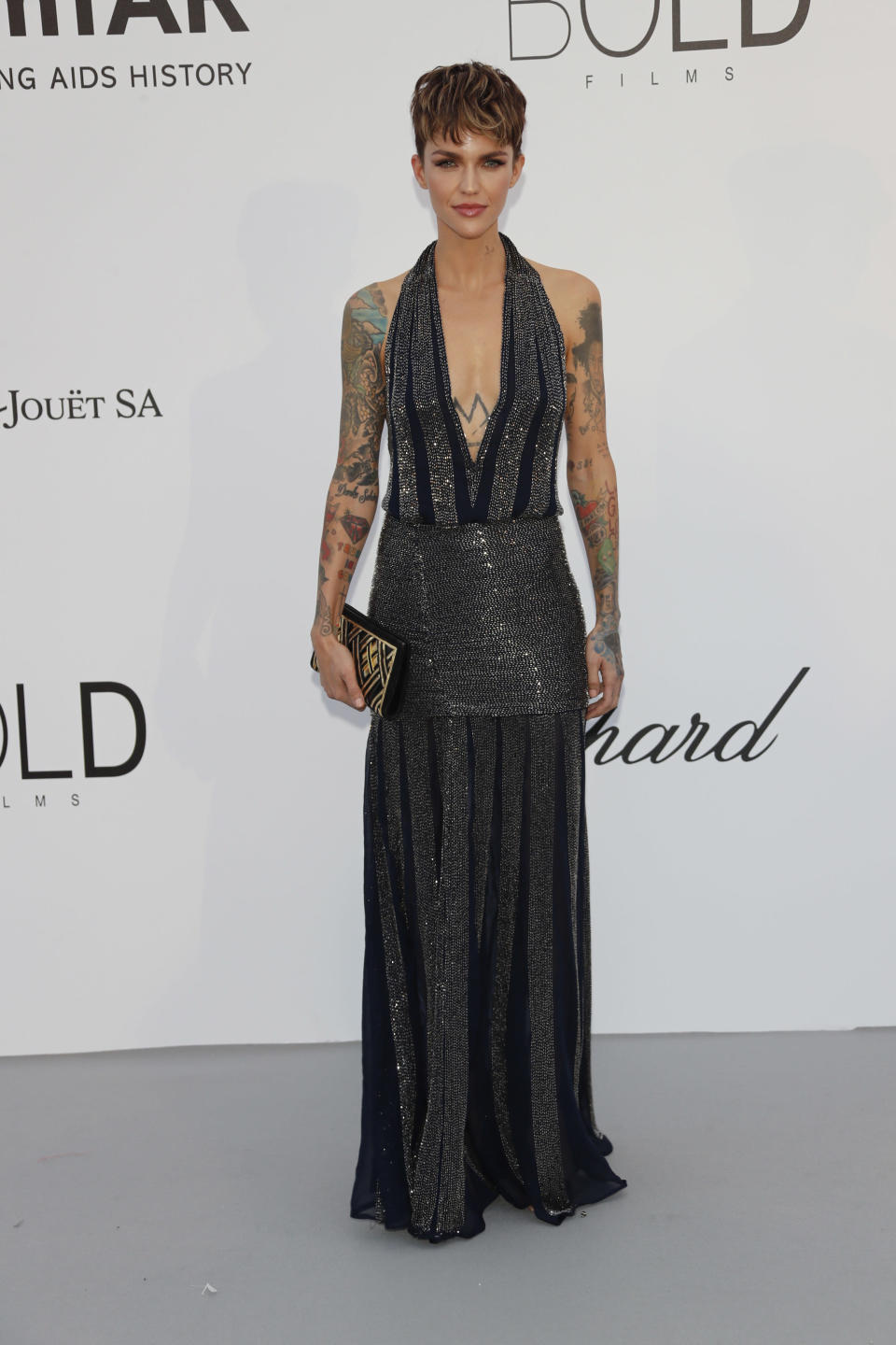 <p>Ruby Rose chose a pleated halterneck dress for the annual gala. [Photo: Getty] </p>