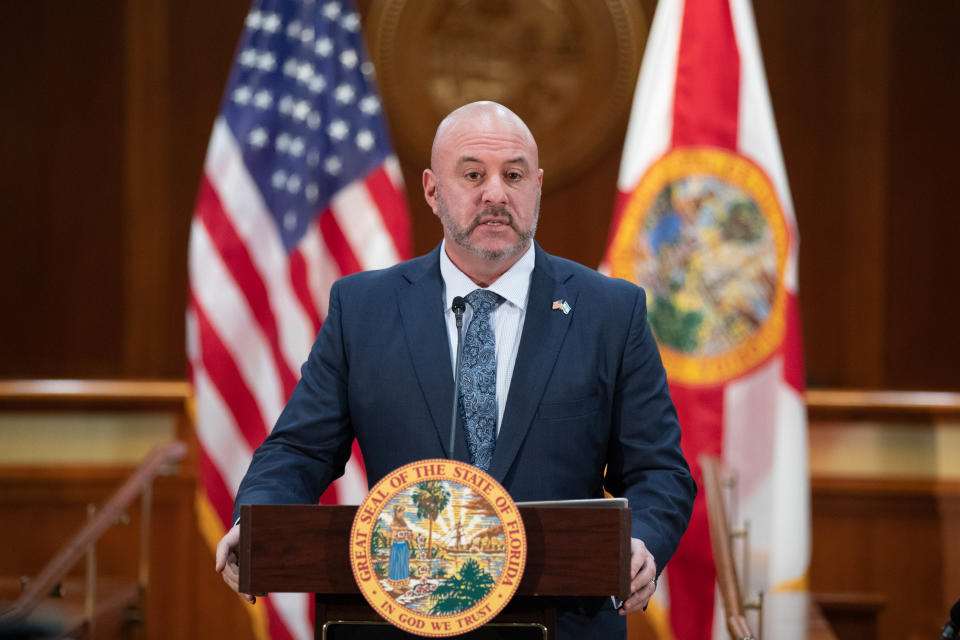 Rep. Blaise Ingoglia speaks during a press conference held in the Cabinet room at the Capitol Tuesday, Feb. 2, 2021.