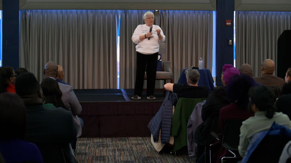 Jane Elliott speaks to an audience in 2019. Her speaking engagements at colleges have decreased. - CNN