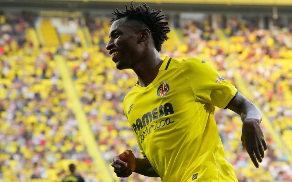 Nicolas Jackson of Villarreal CF celebrates after scoring the team's second goal during the LaLiga Santander match between Villarreal CF and Cadiz CF at Estadio de la Ceramica