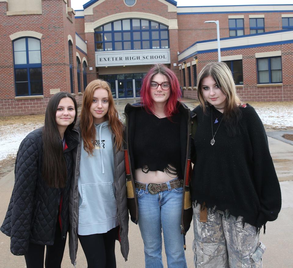 Exeter High School seniors, from left, Amanda Varney, Abby Moriarty, Skyla West and Ellie Tuttle want to include classmates who died in the school's 2023 yearbook.