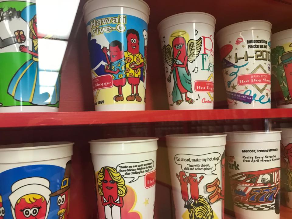 Brighton Hot Dog Shoppe cups on display at the chain's Chippewa Township location.