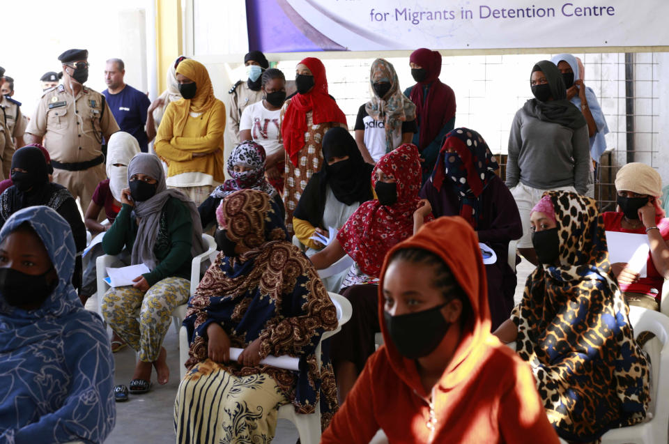 A vaccination campaign against the coronavirus is underway for detained migrants, organized jointly by the Libyan center for disease control and the International Organization for Migration, in Tripoli, Libya, Wednesday Oct. 6, 2021. (AP Photo/Yousef Murad)