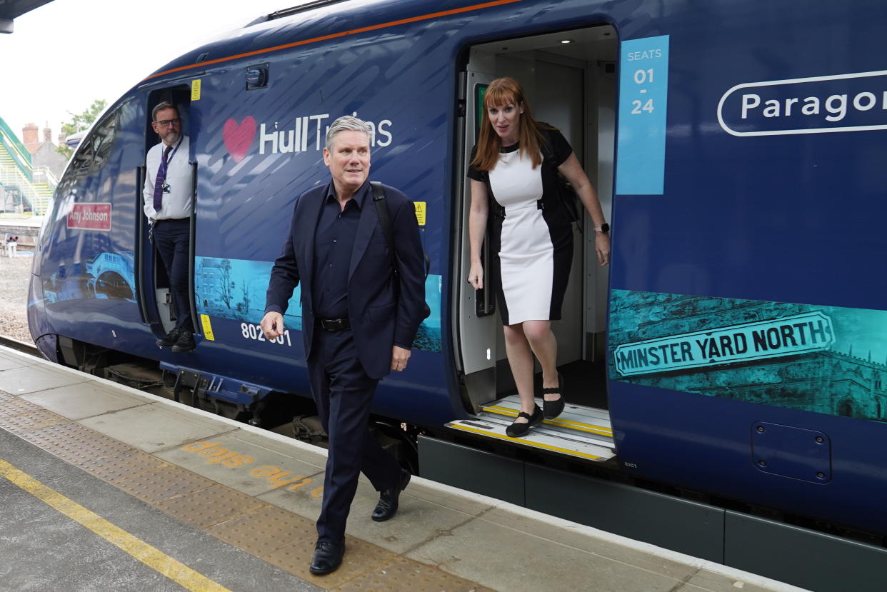 Labour leader Sir Keir Starmer and deputy Labour Party leader Angela Rayner arrive by train to Selby, North Yorkshire, to meet with newly elected MP Keir Mather after his success in the Selby and Ainsty by-election. Picture date: Friday July 21, 2023. (Photo by Stefan Rousseau/PA Images via Getty Images)