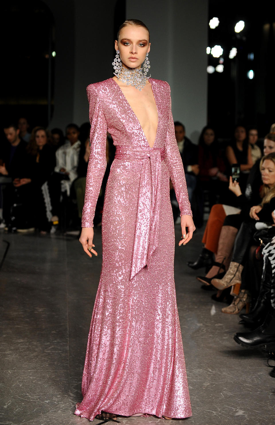 A model walks the runway during the Naeem Khan show at New York Fashion Week on Feb. 11.&nbsp;