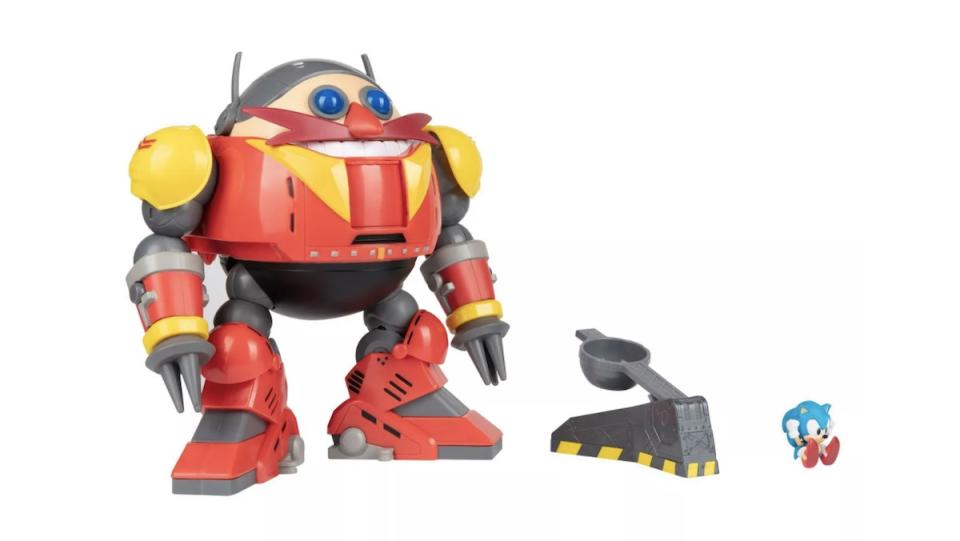 A toy set of Sonic the Hedgehog 2's Dr. Eggman mecha suit with catapult and balled up Sonic