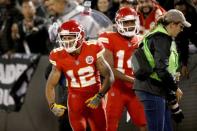 Oct 19, 2017; Oakland, CA, USA; Kansas City Chiefs wide receiver Albert Wilson (12) reacts after catching a touchdown against the Oakland Raiders in the third quarter at Oakland Coliseum. The Raiders defeated the Chiefs 31-30. Mandatory Credit: Cary Edmondson-USA TODAY Sports