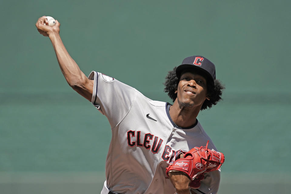 Cleveland Guardians starting pitcher Triston McKenzie throws during the first inning of a baseball game against the Kansas City Royals Saturday, July 9, 2022, in Kansas City, Mo. (AP Photo/Charlie Riedel)