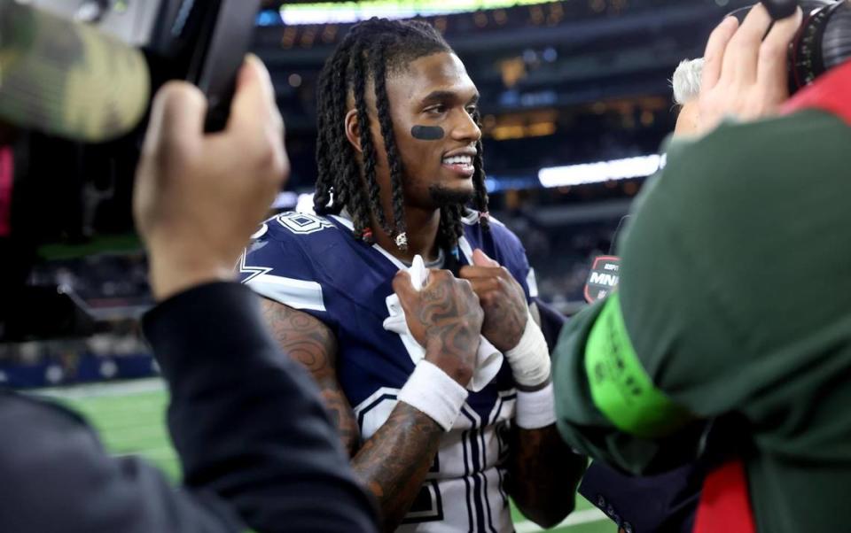 Dallas Cowboys wide receiver CeeDee Lamb talks to the media after a win over the Detroit Lions on Saturday, December 30, 2023. Lamb broke the Cowboys’ single season reception record formerly held by Michael Irvin.