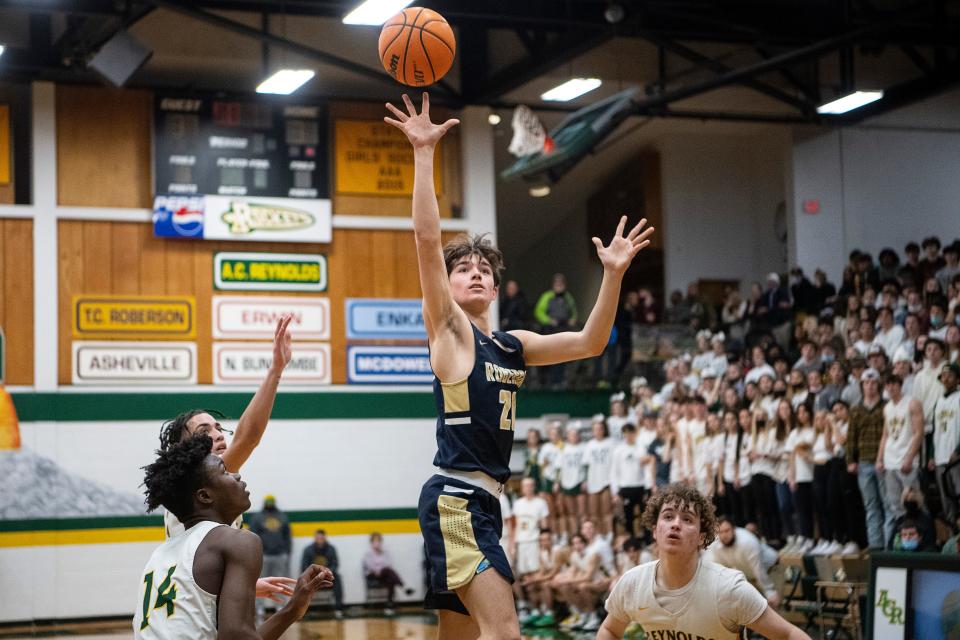 Roberson's Max McDowell shoots the ball at Reynolds February 8, 2022.