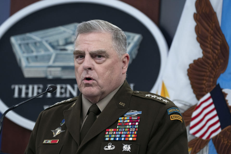 Chairman of the Joint Chiefs of Staff Gen. Mark Milley speaks during a news conference with Secretary of Defense Lloyd Austin at the Pentagon in Washington, Tuesday, July 18, 2023. (AP Photo/Manuel Balce Ceneta)