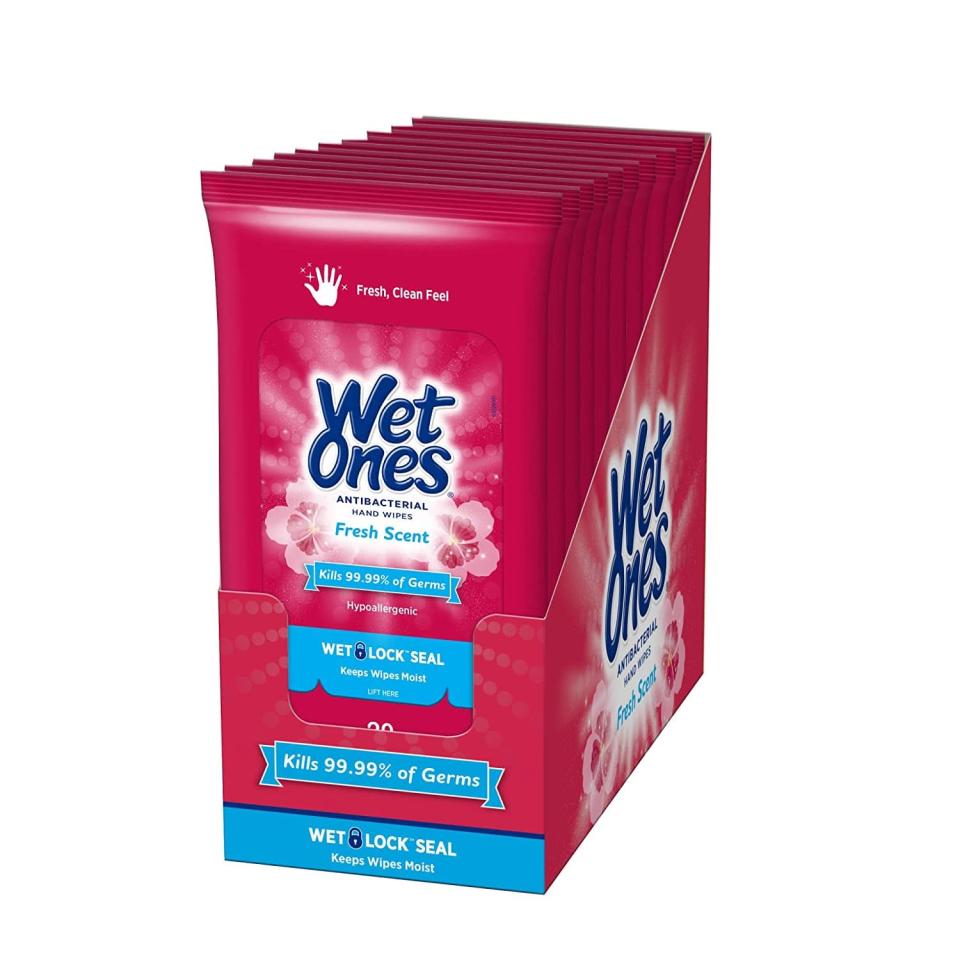 <p>These <span>Wet Ones Antibacterial Hand Wipes</span> ($19 for 10) are essential for wiping down your seat. We don't leave home without them. These ones have a nice fresh scent that's not obtrusive.</p>