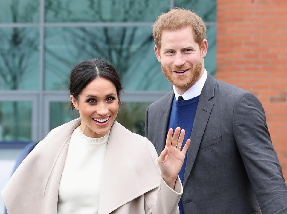 Harry and Meghan pictured after a visit to a science park called Catalyst Inc., in Belfast, Northern Ireland, on March 23, 2018.&nbsp; (Photo: POOL New / Reuters)