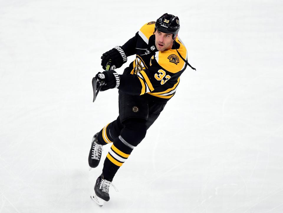 Boston Bruins defenseman Zdeno Chara (33) shoots the puck before a game against the Colorado Avalanche at the TD Garden on Dec. 7, 2019.