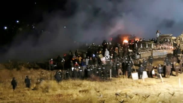 PHOTO: Law enforcement and protesters clash near the site of the Dakota Access pipeline in Cannon Ball, N.D., Nov. 20, 2016. (Morton County Sheriff's Department via AP, FILE)