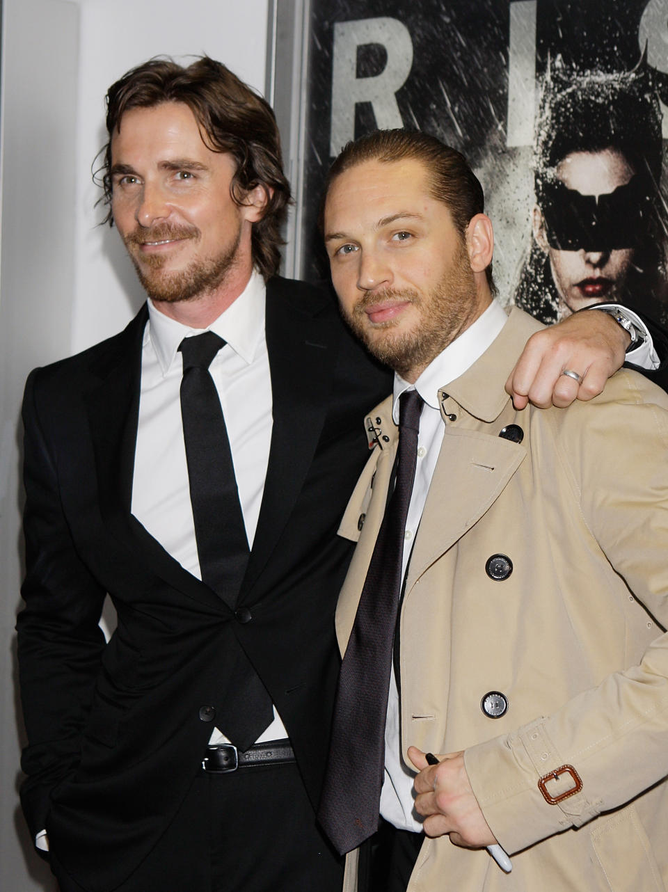 <p>Christian Bale (left) and Tom Hardy (right) arriving at the premiere of The Dark Knight Rises at the BFI Imax Theatre, Waterloo, London in 2012. (PA Images via Getty Images)</p> 