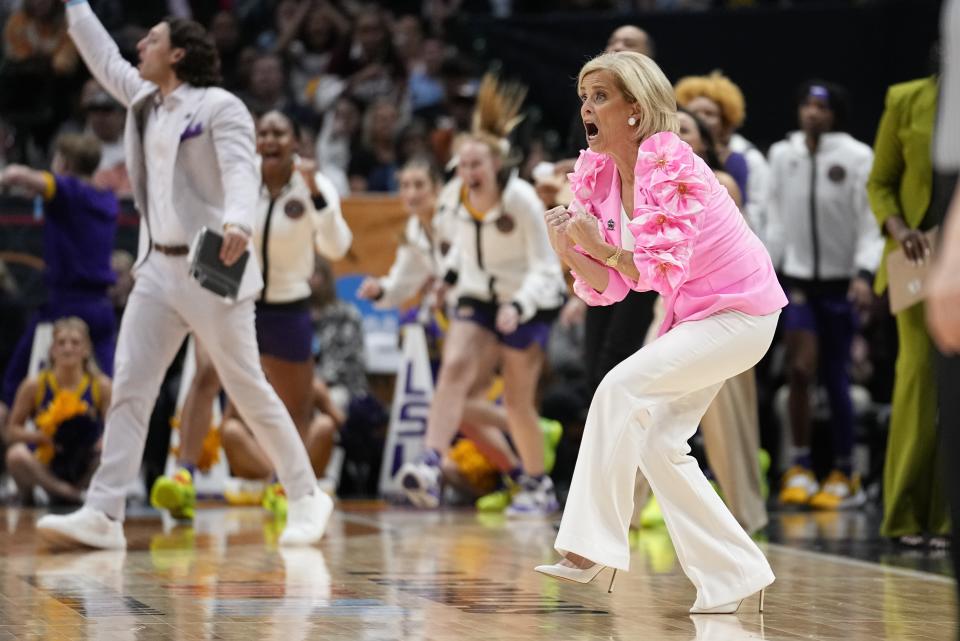 LSU head coach Kim Mulkey reacts during the second half of an NCAA Women's Final Four semifinals basketball game against Virginia Tech Friday, March 31, 2023, in Dallas. (AP Photo/Tony Gutierrez)
