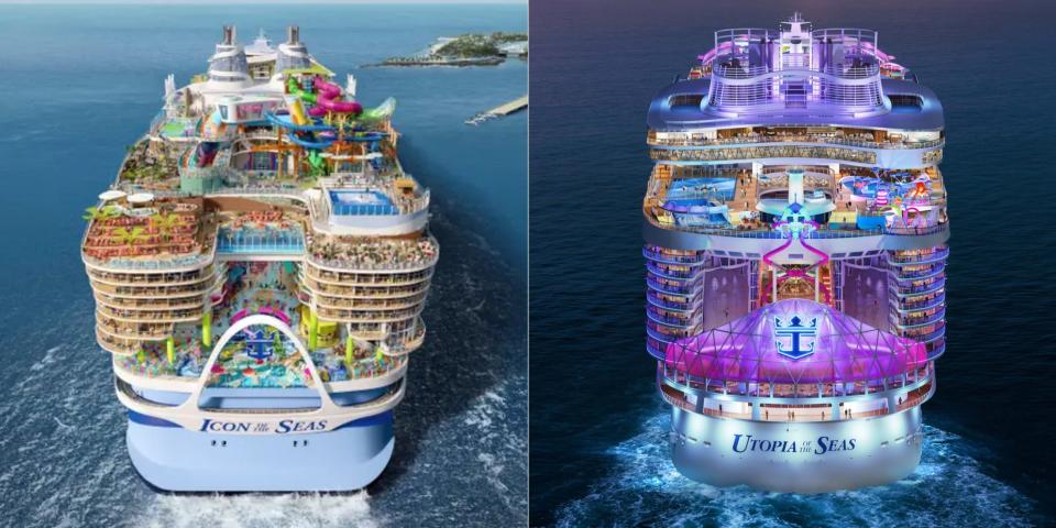 composite of Royal Caribbean's renderings of Icon of the Seas and Utopia of the Seas