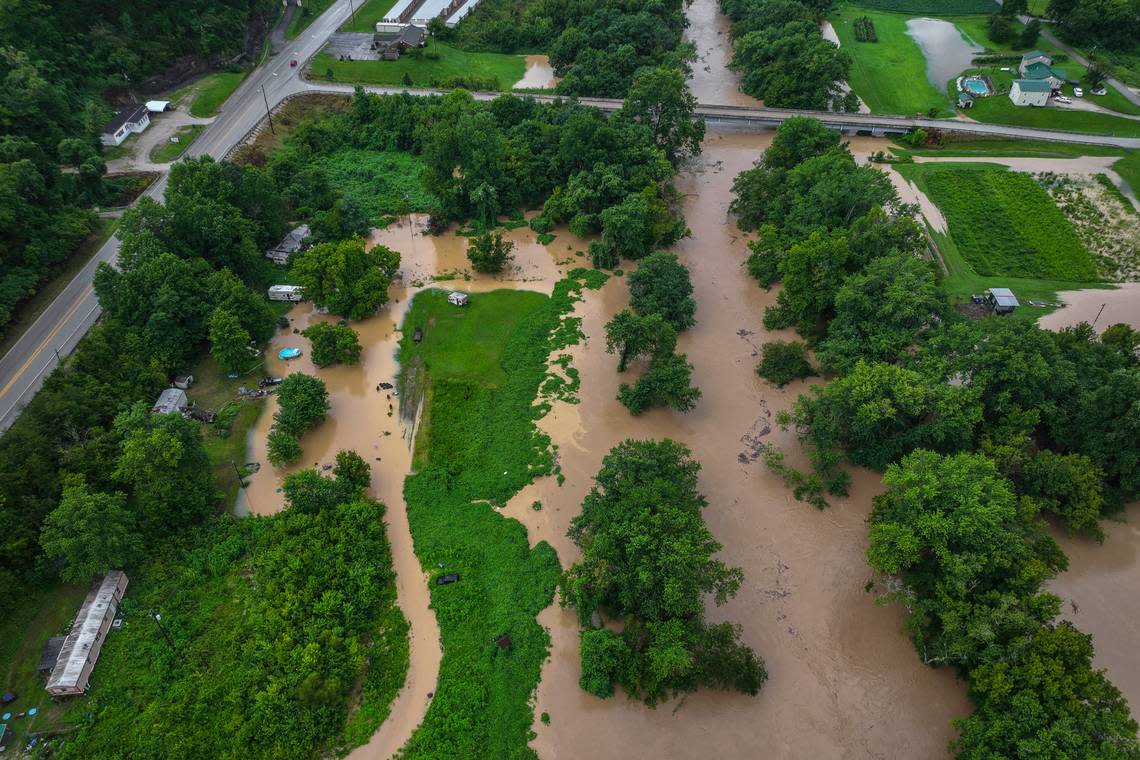 Flooding in the early morning on July 28, 2022, near Wolverine Road in Breathitt County, Kentucky.