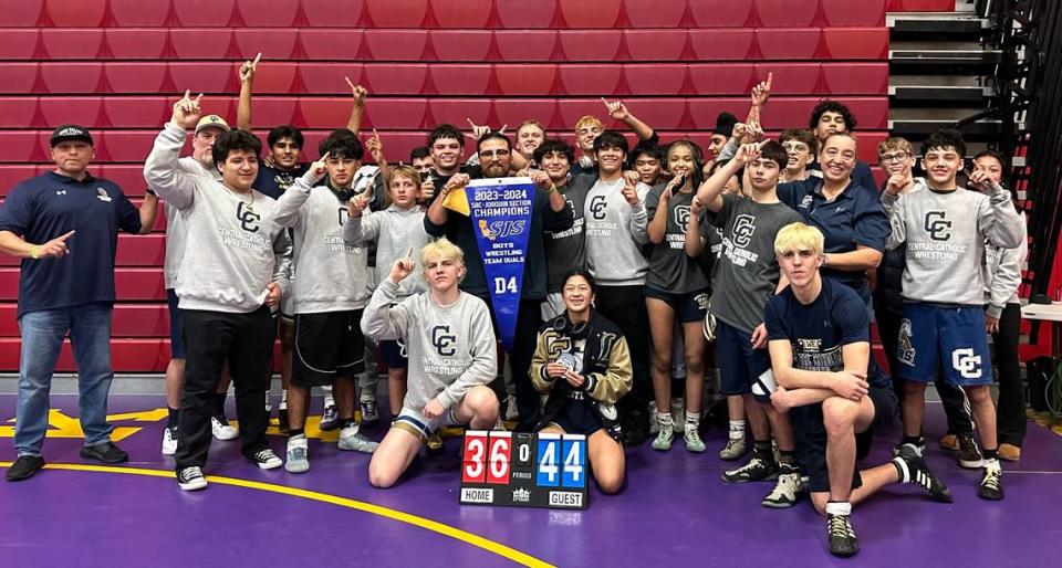 Central Catholic took home the Division IV title at Sac-Joaquin Section team wrestling duals at Lincoln High School in Stockton, Calif., Saturday, Jan. 27, 2024.