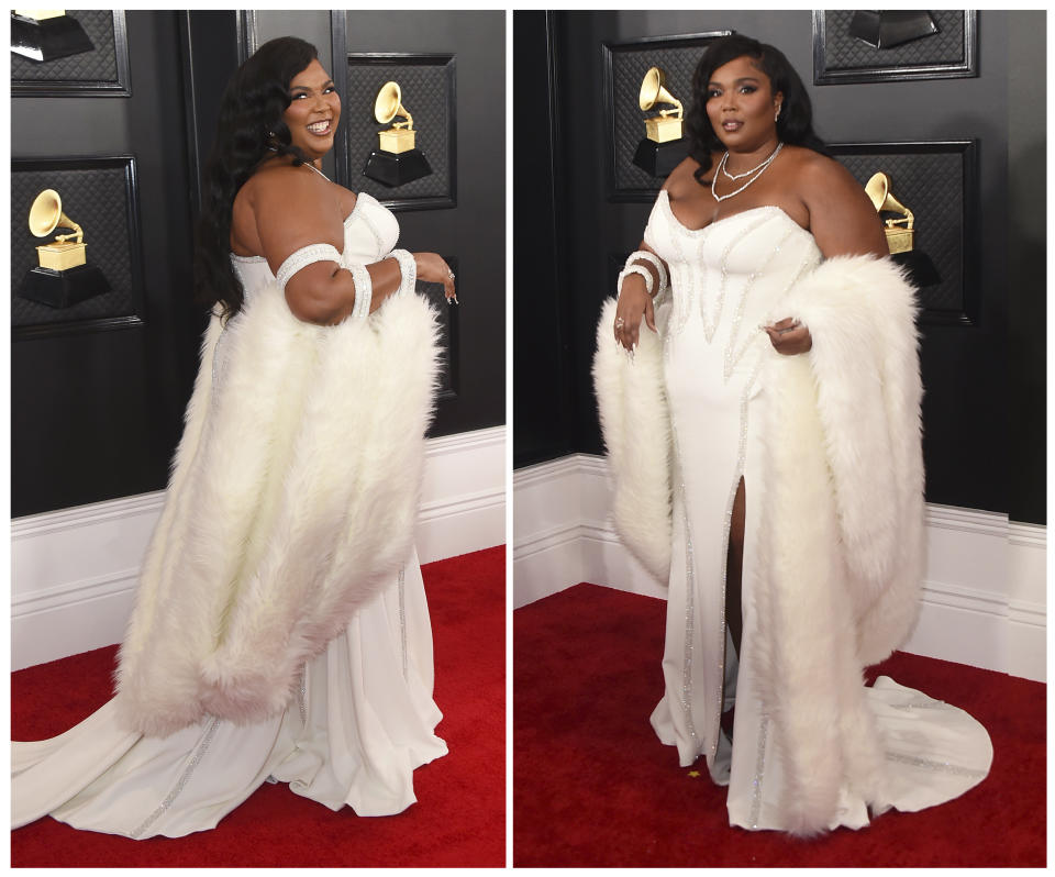This combination of photos shows fashion worn by nominee Lizzo at the 62nd annual Grammy Awards at the Staples Center on Sunday, Jan. 26, 2020, in Los Angeles. (Photos by Jordan Strauss/Invision/AP)