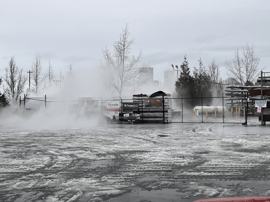 Tualatin Fire and Rescue located and shut off a carbon dioxide leak that caused a white cloud to appear on a road. January 17, 2024 (courtesy TVF&R). 