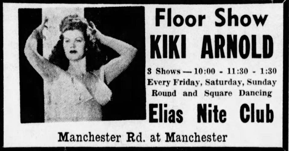 Akron burlesque performer Kiki Arnold headlines shows in 1949 at the Elias Nite Club in Manchester.