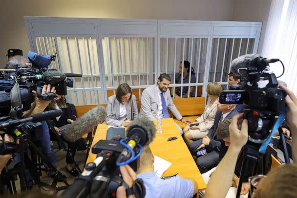 PHOTO: Attorneys Maria Blagovolina and Alexander Boykov and basketball player Brittney Griner sit before the verdict in a court hearing in Khimki, Russia, Aug. 4, 2022.  (Evgenia Novozhenina/POOL via Reuters)