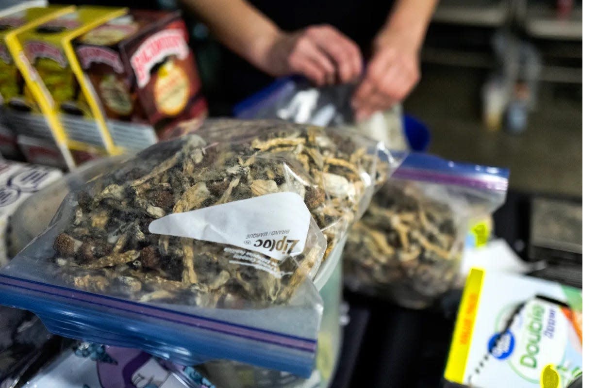 A bag of psilocybin mushrooms at a pop-up cannabis market in Los Angeles on May 6, 2019.