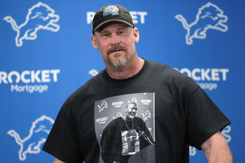 Detroit Lions head coach Dan Campbell speaks to the media before an NFL football practice in Allen Park, Mich., Thursday, May 25, 2023. (AP Photo/Paul Sancya)