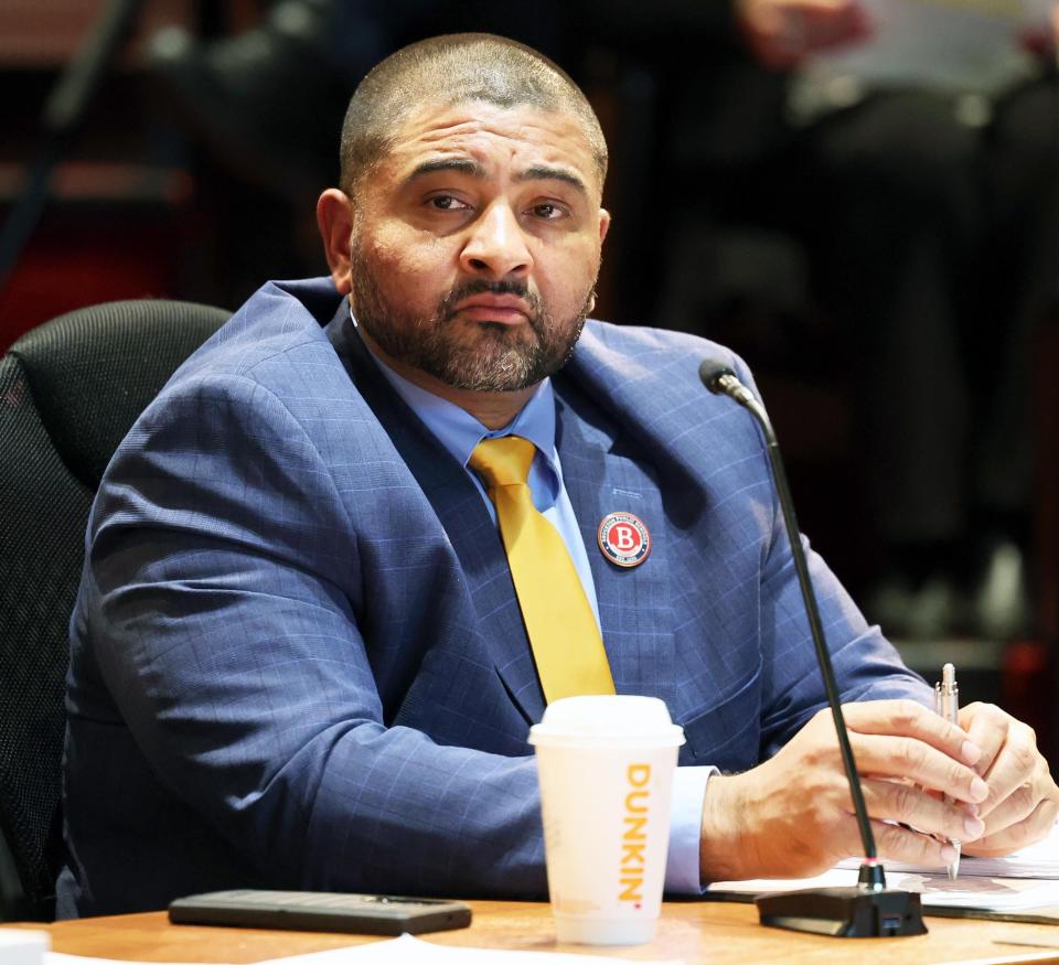 Brockton School Committee member Tony Rodrigues at a School Committee meeting on Tuesday, Feb. 6, 2024