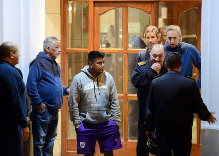 Members of the Navy and relatives of the 44 crew members of the missing at sea ARA San Juan submarine react outside a hotel where they are staying in Mar del Plata, Argentina November 17, 2018. REUTERS/Marina Devo