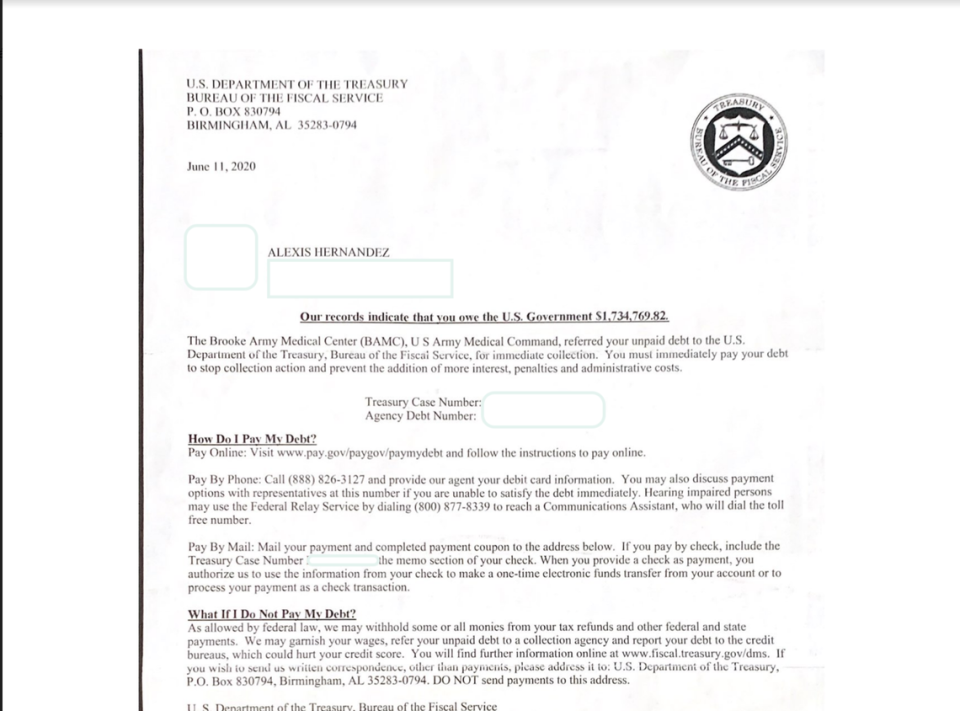 The letter from the U.S. Treasury that Alexis Hernández received last June, claiming he owed over $1.7 million.