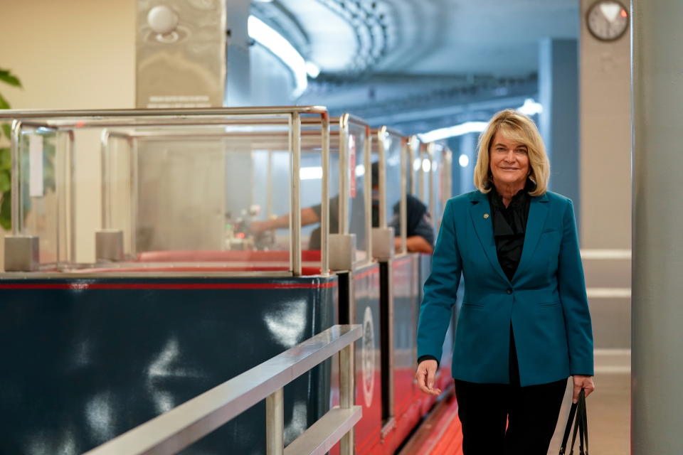 U.S. Senator Cynthia Lummis (R-WY) walks through the Senate subway during a vote at the U.S. Capitol in Washington, U.S., December 6, 2021. REUTERS/Elizabeth Frantz