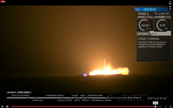 The first stage of SpaceX's Falcon 9 rocket comes back to Earth for a historic landing at Florida's Cape Canaveral Air Force Station on Dec. 21, 2015.