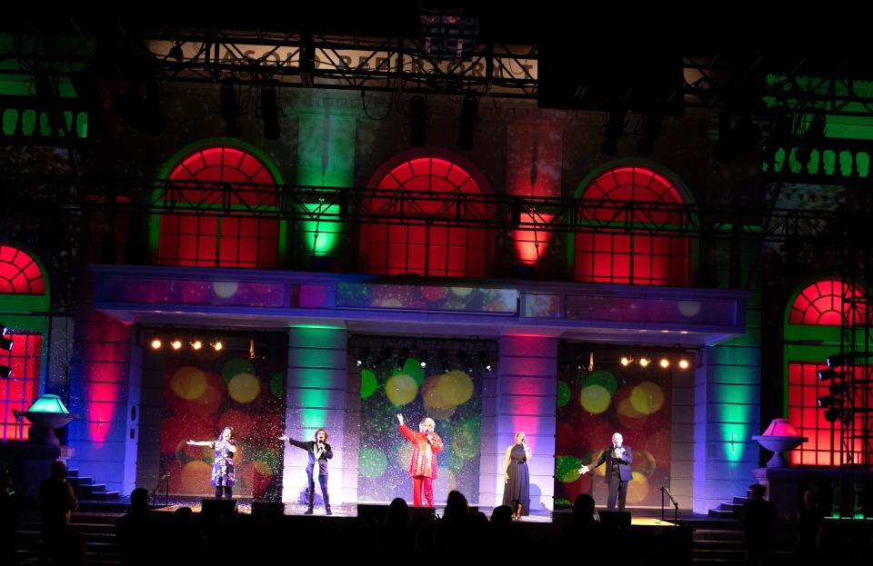 Asolo Repertory Theatre built the outdoor Terrace Stage on the front steps of the FSU Center for the Performing Arts for a series of outdoor productions, including the opening “We Need a Little Christmas” during the 2020-21 season that was impacted by the COVID pandemic.