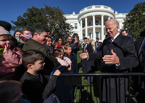 WASHINGTON, DC - NOVEMBER 21: U.S. President Joe Biden greets visitors after pardoning the National Thanksgiving Turkeys Chocolate and Chip on the South Lawn of the White House November 21, 2022 in Washington, DC. Chocolate and Chip were raised at Circle S. Ranch, outside of Charlotte, North Carolina, and will reside on the campus of North Carolina State University following today's ceremony. (Photo by Win McNamee/Getty Images)