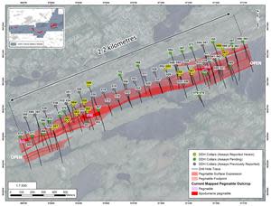 Drill hole collar locations at the CV5 Pegmatite for holes completed to date