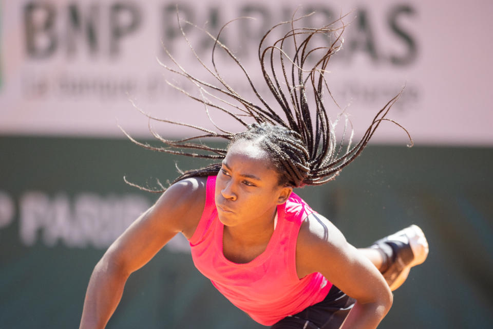 PARIS, FRANCE - MAY 24.  Coco Gauff of the United States during practice on Court Simonne-Mathieu in preparation for the 2023 French Open Tennis Tournament at Roland Garros on May 24, 2023, in Paris, France. (Photo by Tim Clayton/Corbis via Getty Images)